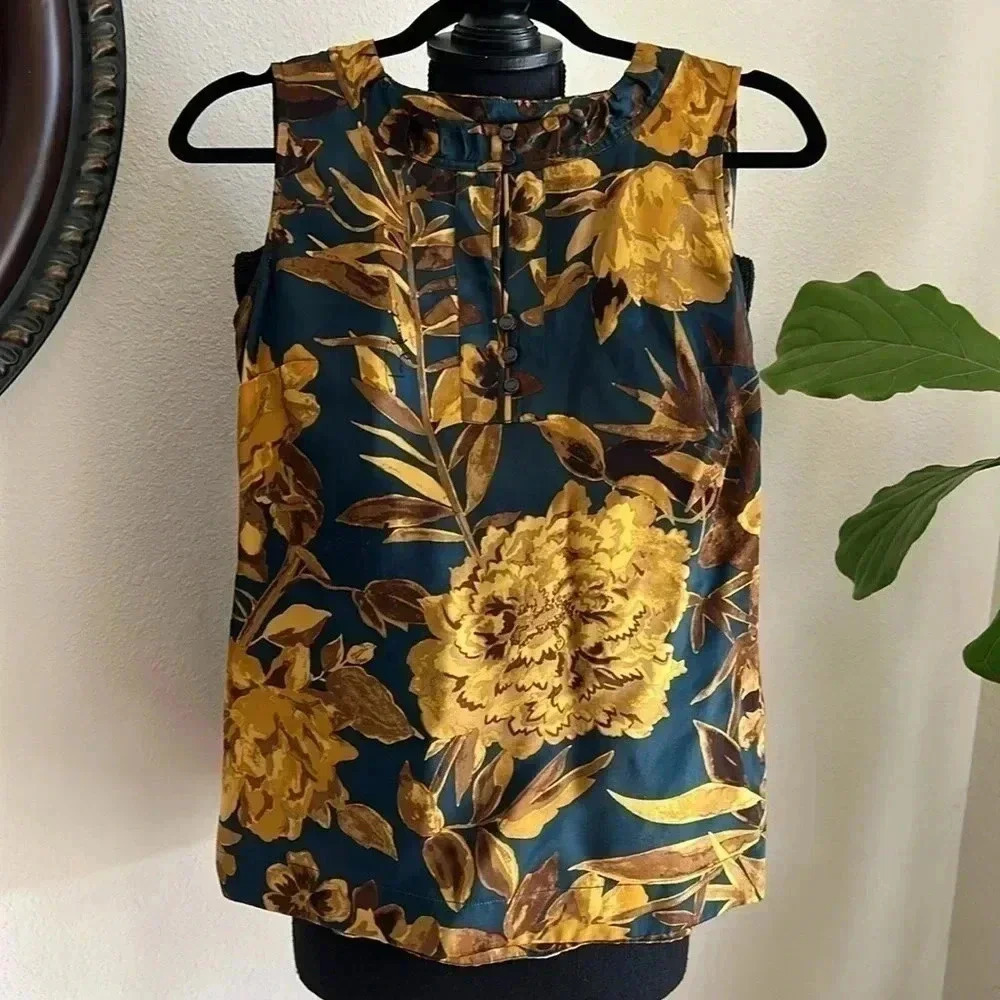 Tory Burch Sleeveless Silk-Blend 1/4 Signature Button Top Blouse Size 2